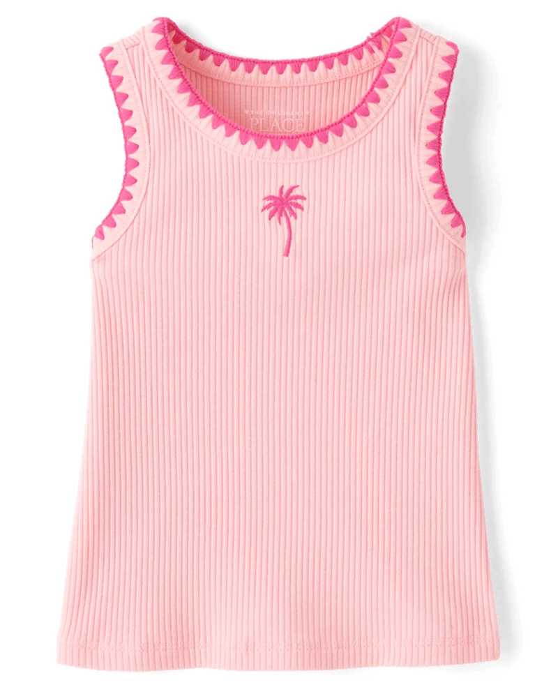 Baby And Toddler Girls Embroidered Palm Tree 2-Piece Outfit Set