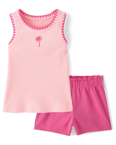 Baby And Toddler Girls Embroidered Palm Tree 2-Piece Outfit Set
