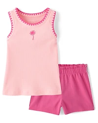 Baby And Toddler Girls Embroidered Palm Tree 2-Piece Outfit Set
