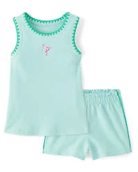Baby And Toddler Girls Embroidered Flamingo 2-Piece Outfit Set