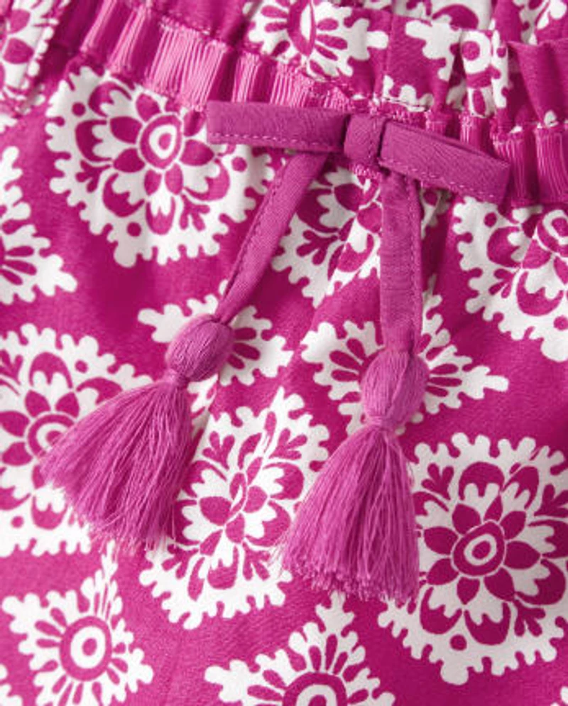 Girls Medallion Tassel Belted Shorts - Summer Sunsets