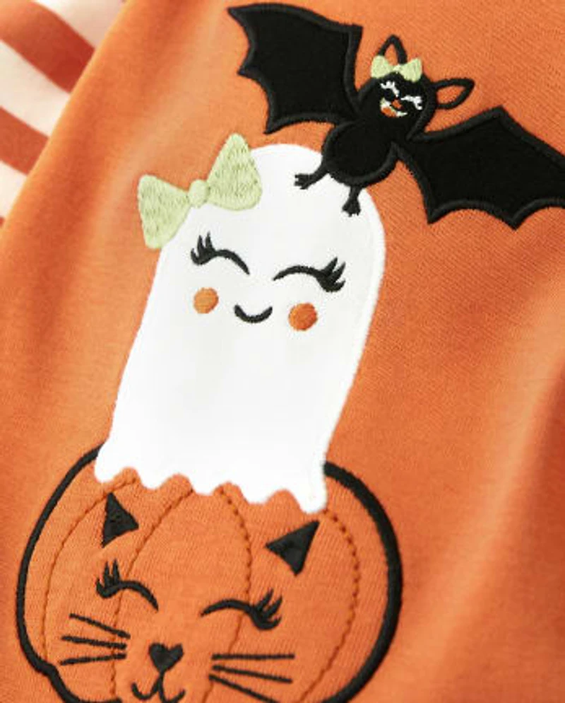 Girls Embroidered Halloween Layered Top - Lil Pumpkin