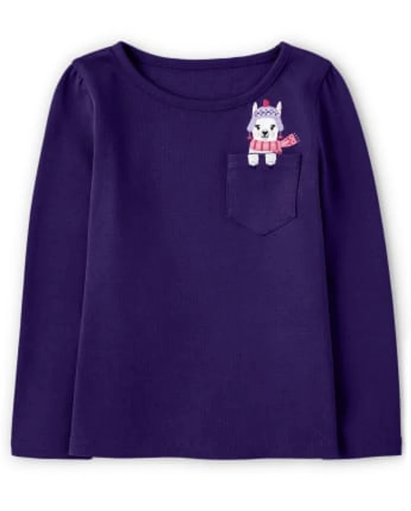 Girls Embroidered Llama Pocket Top - Little Llamas
