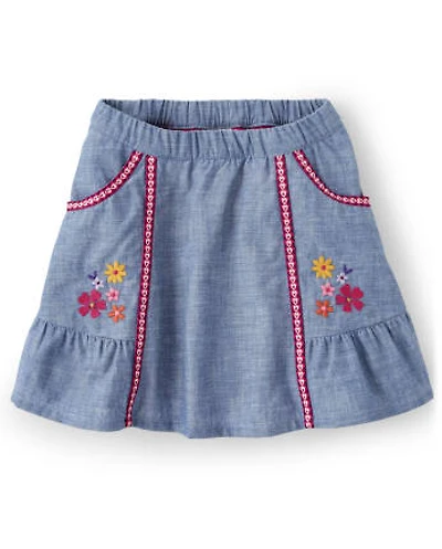Girls Embroidered Floral Denim Skort - Little Llamas