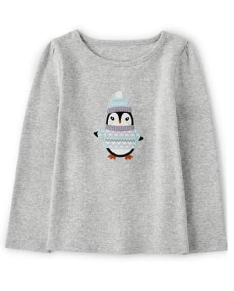 Girls Embroidered Penguin Top - Polar Party