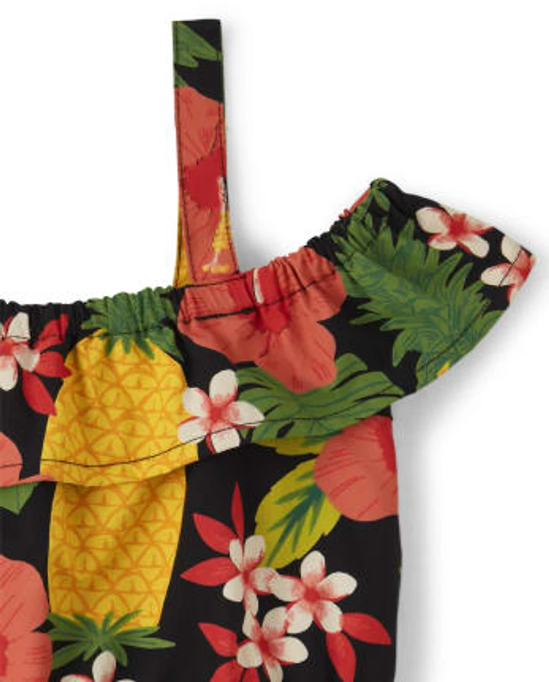 Girls Pineapple Off Shoulder Dress - Punch