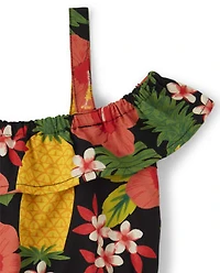 Girls Pineapple Off Shoulder Dress - Punch