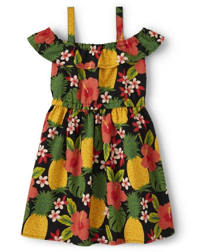 Girls Pineapple Off Shoulder Dress - Punch