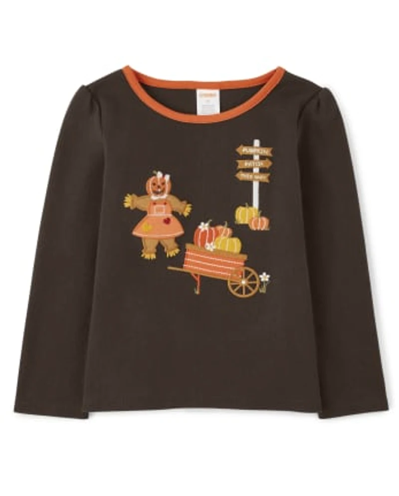 Girls Embroidered Fall Scene Top - Perfect Pumpkin