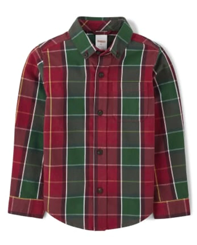 Boys Matching Family Plaid Button Up Shirt - Holiday Traditions