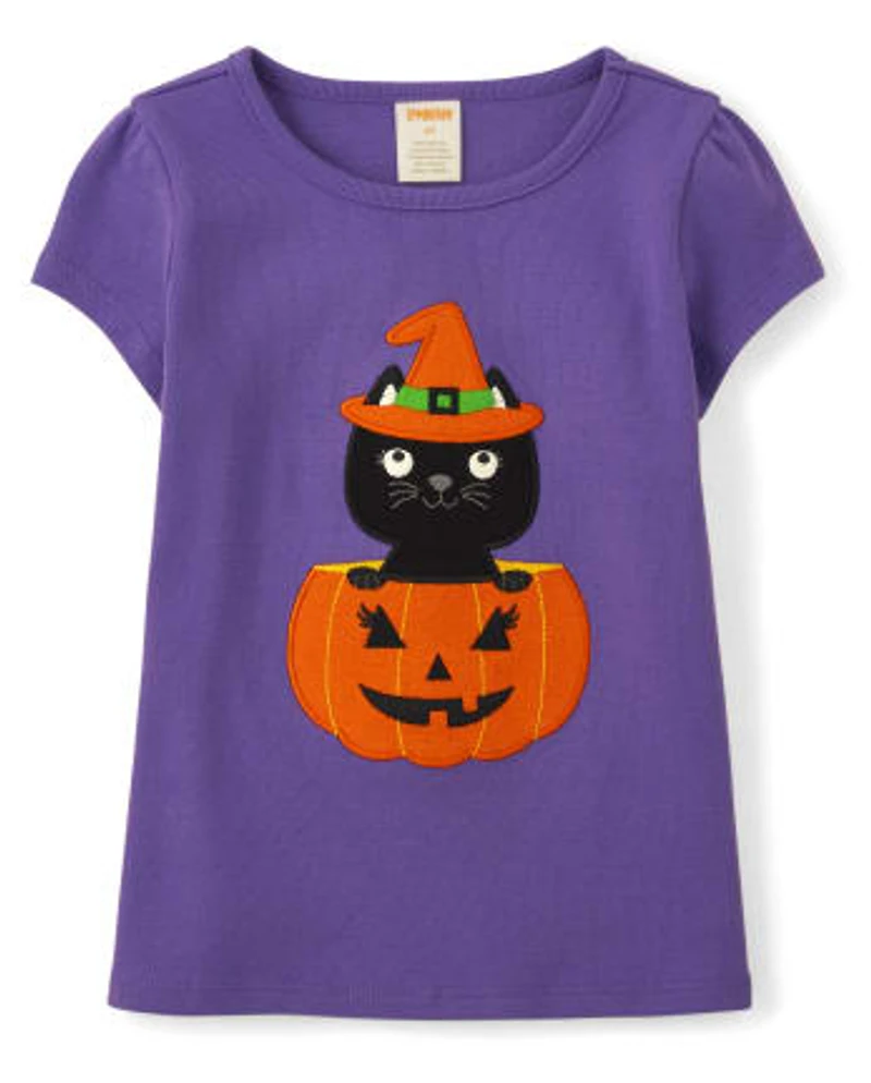 Girls Embroidered Cat Top - Trick or Treat