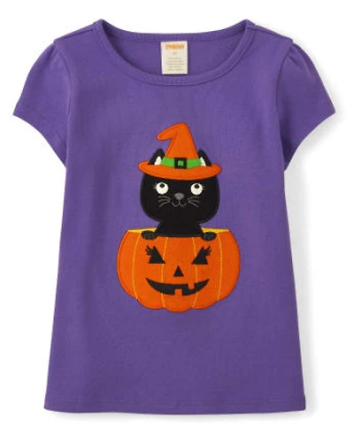 Girls Embroidered Cat Top - Trick or Treat