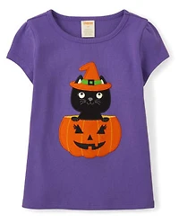 Girls Embroidered Cat Top - Trick or Treat