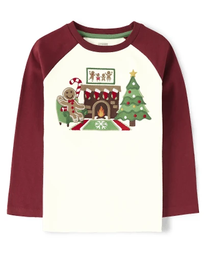 Boys Embroidered Christmas Raglan Top - Gingerbread House