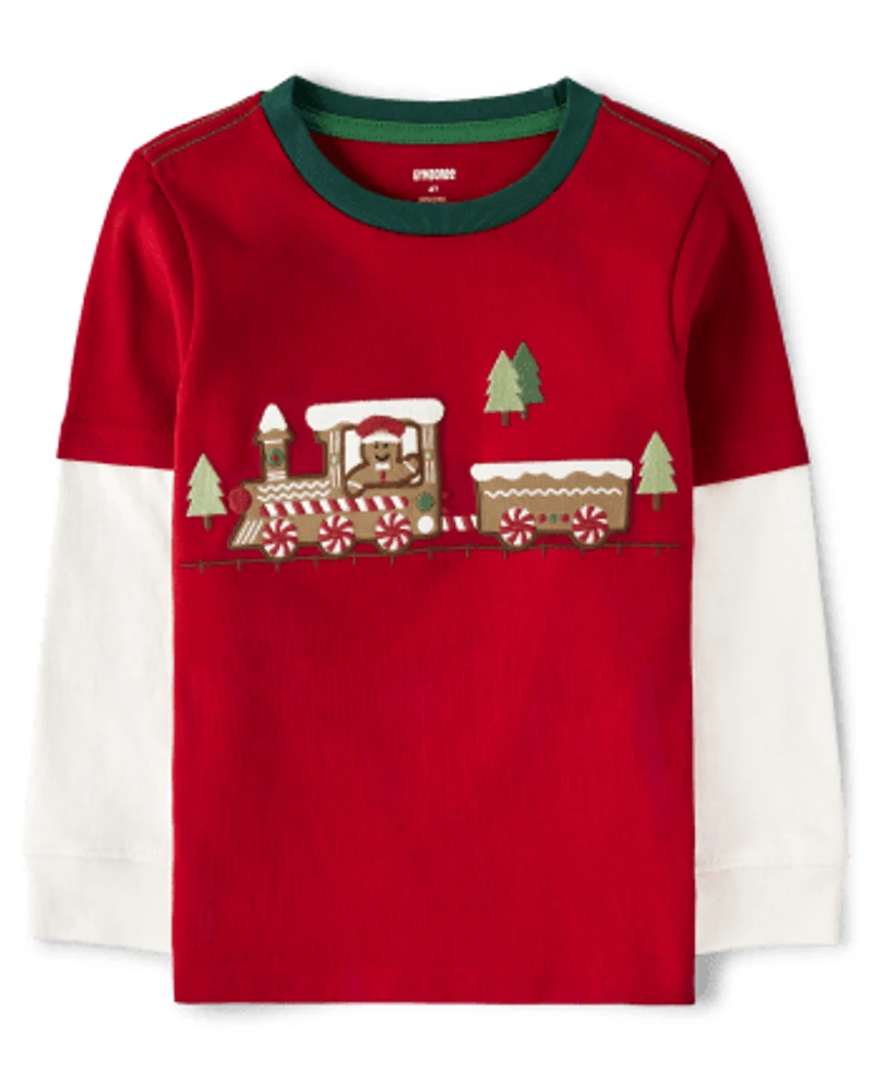 Boys Embroidered Train Layered Top - Gingerbread House
