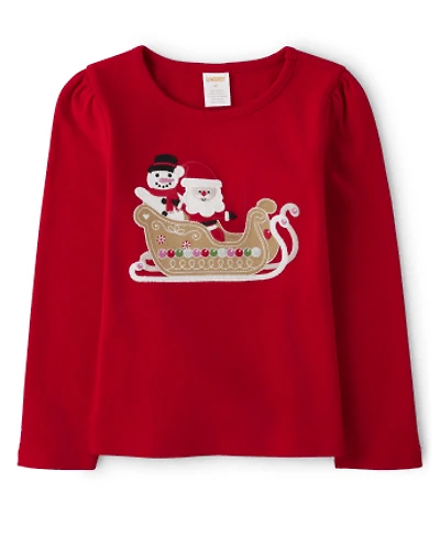 Girls Embroidered Sleigh Top - Gingerbread House