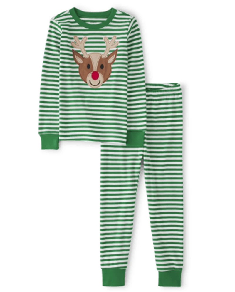 Kids Striped Reindeer Snug Fit Cotton Pajamas - Gymmies