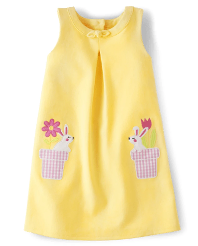 Girls Applique Bunny Ponte Shift Dress - Spring Celebrations