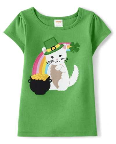 Girls Embroidered Cat Top - Little Leprechaun