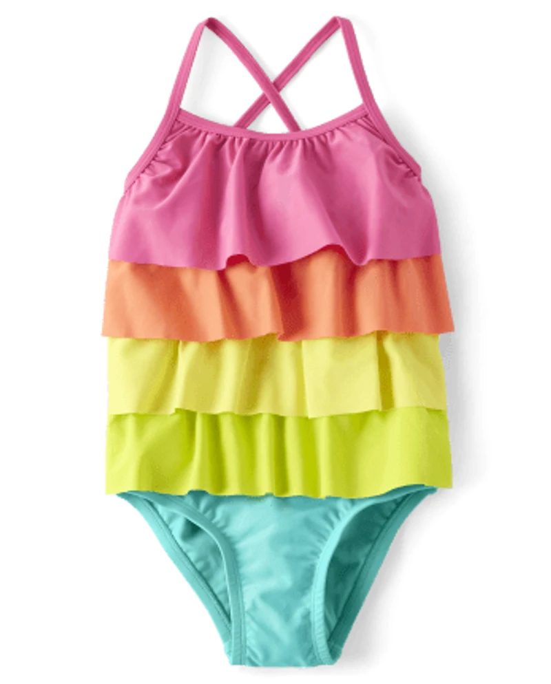 Girls Rainbow Tiered One Piece Swimsuit - Splish-Splash