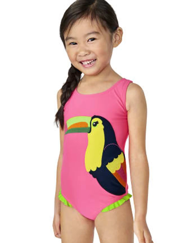Girls Embroidered Toucan One Piece Swimsuit - Aloha