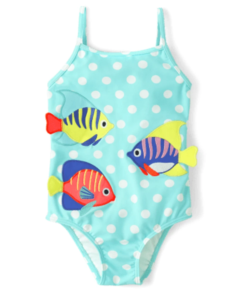 Girls Dot Embroidered Fish One Piece Swimsuit - Splish-Splash