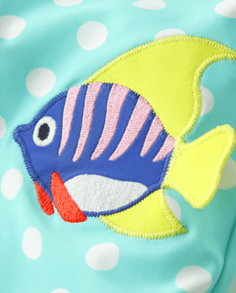 Girls Dot Embroidered Fish One Piece Swimsuit - Splish-Splash
