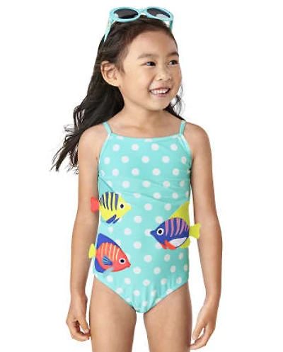 Girls Dot Embroidered Fish One Piece Swimsuit - Splish-Splash