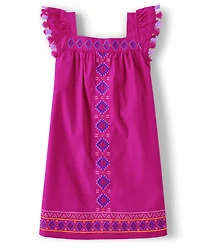 Girls Embroidered Shapes Tassel Dress - Island Spice