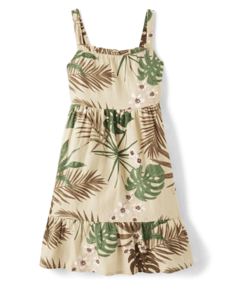 Girls Matching Family Palm Ruffle Dress - Safari