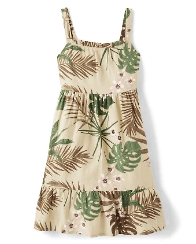 Girls Matching Family Palm Ruffle Dress - Safari