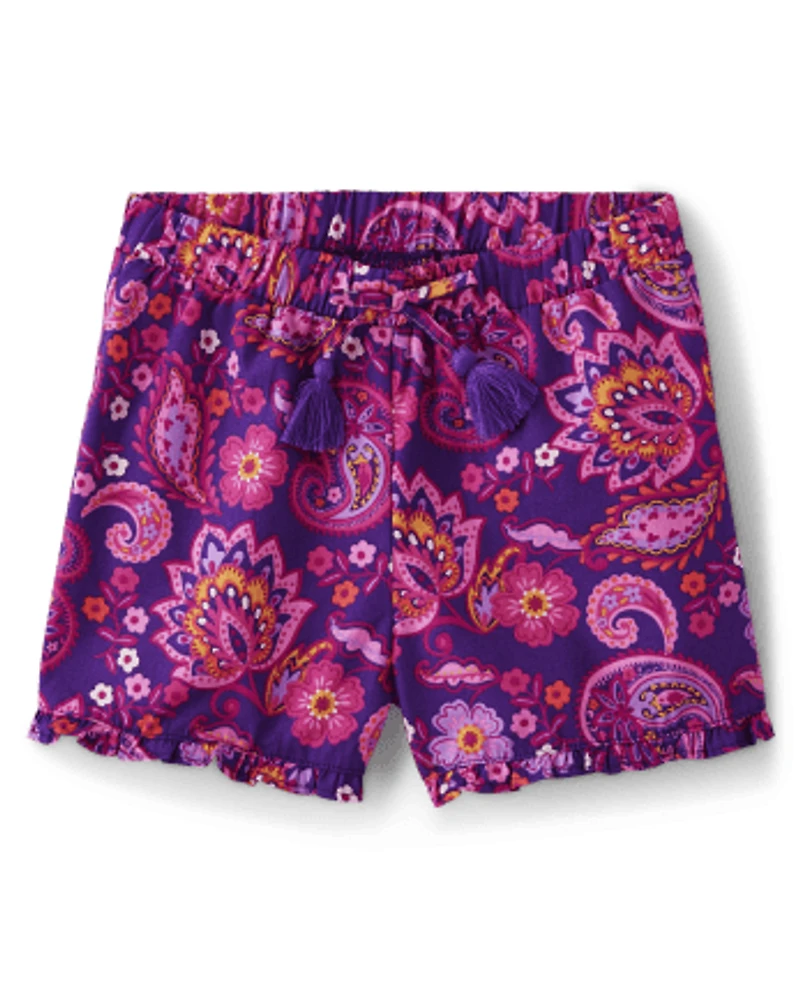 Girls  Paisley Paperbag Waist Shorts - Island Spice