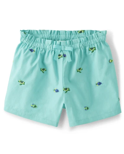 Girls Schiffli Turtle Fish Paperbag Waist Shorts - Save the Seas