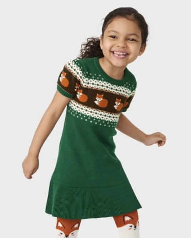 Girls Fox Fairisle Sweater Dress - Friendly