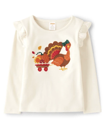 Girls Embroidered Turkey Flutter Top - Happy Harvest
