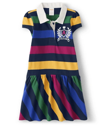Girls Striped Varsity Patch Polo Dress - Prep School