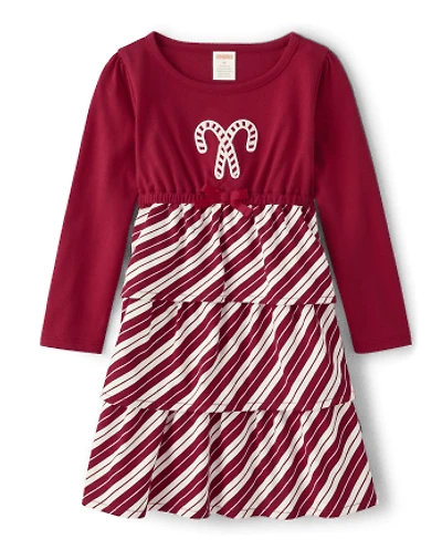Girls Embroidered Candy Canes Ruffle Tiered Dress - A Royal Christmas