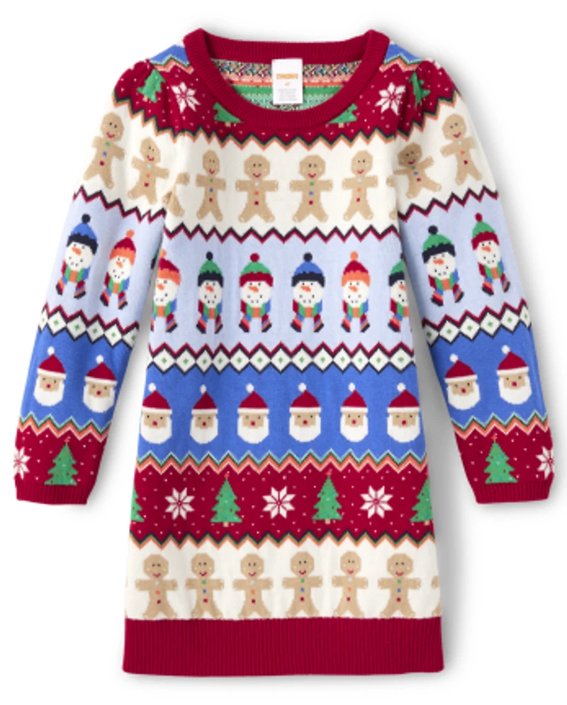 Girls Christmas Fairisle Sweater Dress - Very Merry