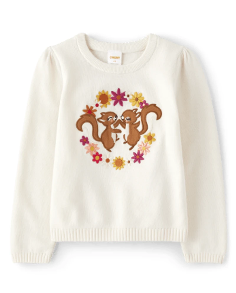 Girls Embroidered Squirrel Sweater - Happy Harvest