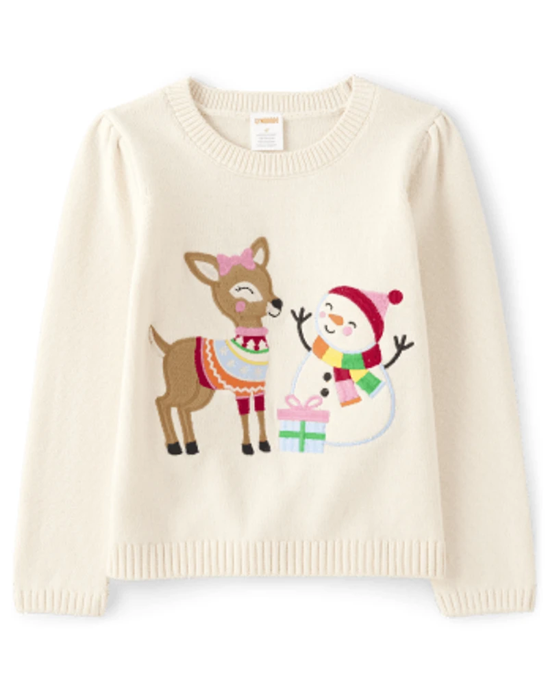 Girls Embroidered Reindeer Snowman Sweater - Very Merry