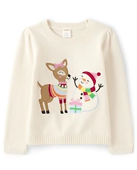 Girls Embroidered Reindeer Snowman Sweater - Very Merry