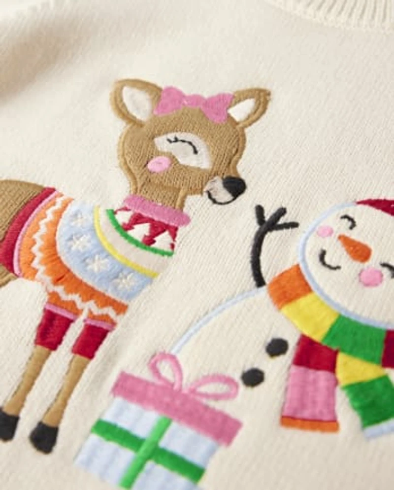 Girls Embroidered Reindeer Snowman Sweater - Very Merry