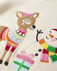 Girls Embroidered Reindeer Snowman Sweater - Very Merry