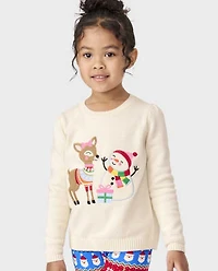 Girls Embroidered Reindeer Snowman Sweater - Very Merry