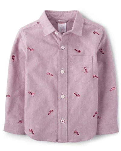 Boys Embroidered Candy Cane Oxford Button Up Shirt - A Royal Christmas