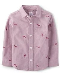 Boys Embroidered Candy Cane Oxford Button Up Shirt - A Royal Christmas