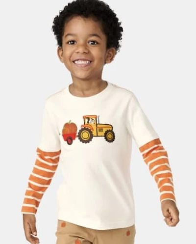 Boys Embroidered Tractor Layered Top - Lil' Pumpkin