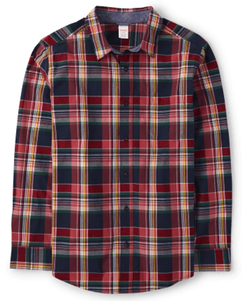 Mens Matching Family Plaid Poplin Button Up Shirt