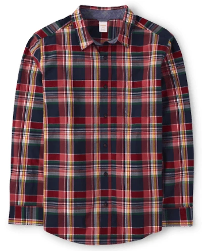 Mens Matching Family Plaid Poplin Button Up Shirt - Apple Orchard