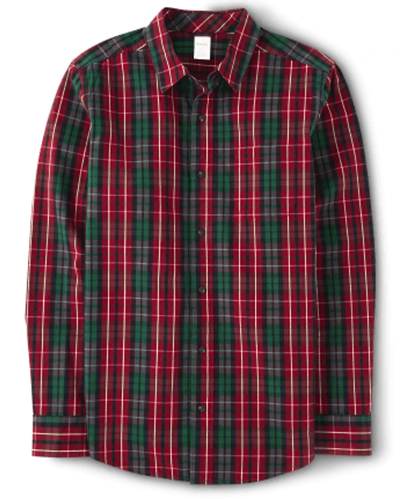 Mens Matching Family Plaid Poplin Button Up Shirt - A Royal Christmas